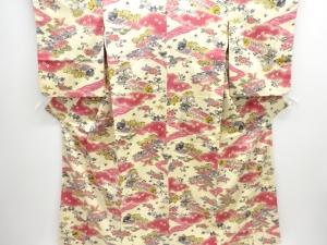 アンティーク　型染家屋に花模様手織り紬着物